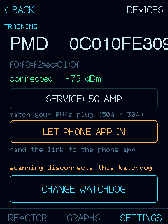 The device DEVICES screen listing nearby Watchdogs with a button to switch to one