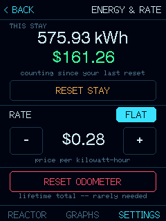 The device Energy and Rate screen for entering the campground's price per kilowatt-hour